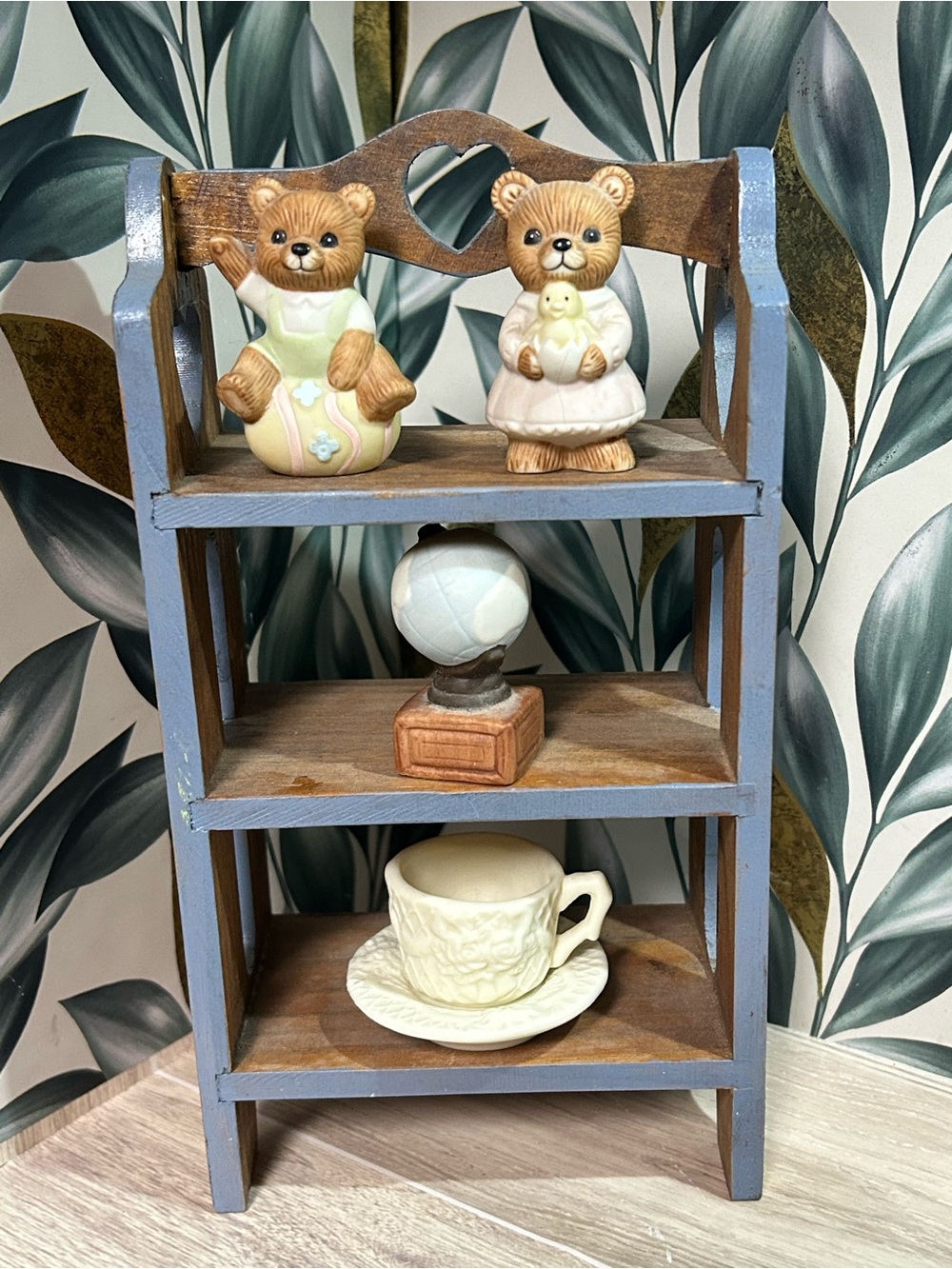 SOLD——Vintage Minature Hand-Painted Blue and Wood Shelf Display